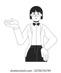 Glasses asian woman corporate gesturing explaining black and white 2D line character. Business casual korean female eyeglasses teacher isolated vector outline person. Monochromatic spot illustration