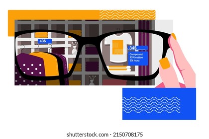 Glasses with augmented reality technology, prices are displayed on the lenses. Accessory for a shopaholic. Vector illustration in cartoon style.
