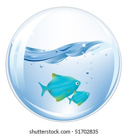 Glasses Balls With Blue Fishes In Water Inside, Isolated On white