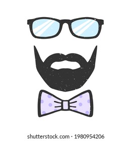 Glasses, beard and bow vector illustration with texture. Decoration for Father's Day. Man face. Design element for print, poster, banner, badge, sticker, t-shirt. Vector illustration