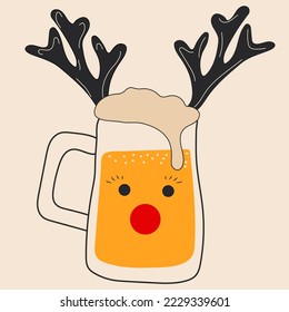 Glasses of beer with Christmas accessories. Santa hat, deer horns