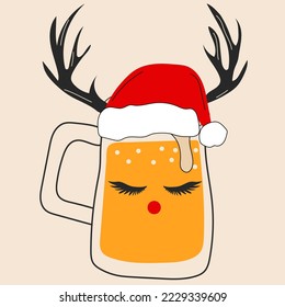 Glasses of beer with Christmas accessories. Santa hat, deer horns. Vector