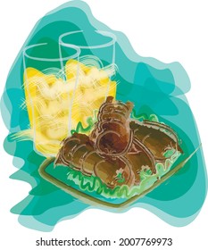 Glasses with beer and fried sausages, abstract drawing with a watercolor effect