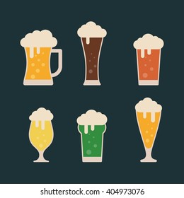 Glasses with beer isolated on background. Beer vector set. Light, Lager, Dark, Green beer