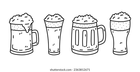 Glasses with beer isolated on white background. Alcoholic beverages. Vector hand-drawn illustration in doodle style. Perfect for cards, menu, decorations, logo, various designs.