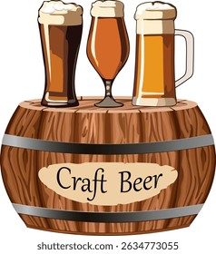 Óculos de cerveja em um barril.Ilustração vetor com cerveja em copos e um barril grande com texto.