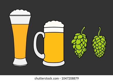 Glasses with beer and plant hop, color vector illustration, isolated on black
