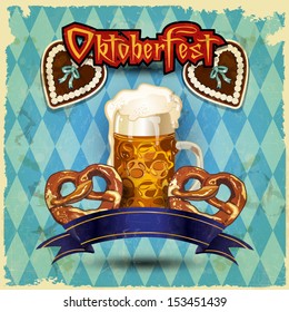 Glasses of beer with pretzels vector vintage-Vintage effects can be removed- Transparency blending effects and gradient mesh-EPS 10