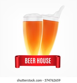 Glasses of beer with ribbon. Realistic vector icon. EPS10 