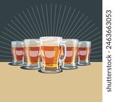 Glasses of beer in a row. Retro background with drinks for menus of bars, restaurants, pubs and cafes. Vector image of malt drinks in mugs. Brewing and craft beer illustration