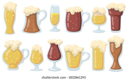 Glasses of beer set. Pints and mugs of ale, lager and stout with foam, Vector illustrations for restaurant menu, bar, pub, alcohol, brewery concept