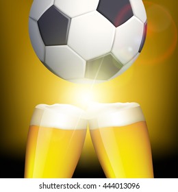 Glasses of beer and a soccer ball. Celebrating victory. Stock vector illustration.