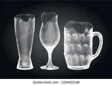 Glasses of beer of three different shapes. Vector Graphic illustration of alcoholic beverages drawn in stippling technique