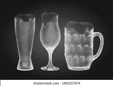 Glasses of beer of three different shapes. Vector Graphic illustration of alcoholic beverages drawn in stippling technique