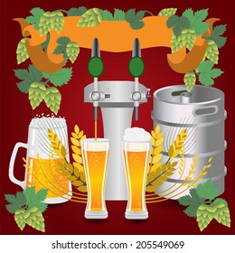 Glasses beer with wheat and hops. Vector illustration