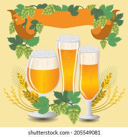 Glasses beer with wheat and hops. Vector illustration