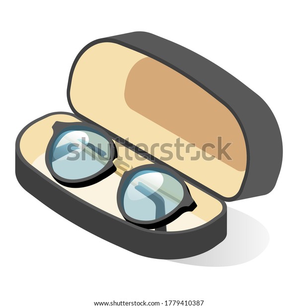 Glasses in
black frame in case. Eyeglasses or spectacles, vision aids. Help
for visually impaired, shortsighted, farsighted people. Vector
illustration isolated on white
background.