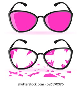 Glasses With Black Frames And Rose Lenses. Broken Pink Glasses. Ruined Into Small Sharp Pieces. Isolated On White Background. Vector Illustration