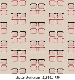 Glasses with black and red frames with pink glass on a beige background, seamless pattern illustration.