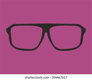 Glasses with black thick holder hipster vector illustration isolated on violet background. Medical huge eye glasses shilouette collection. Sign of intelligence, secretary or school teacher