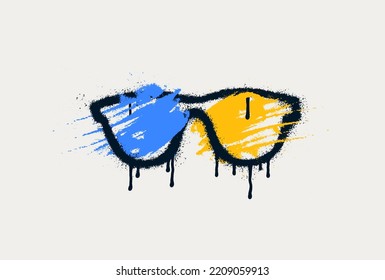 Glasses blue-yellow glasse graffiti spray pattern. Symbols, glasses with spray texture. Elements for banner, decoration, street art and ads. Stencil spray graffiti border isolated vector signs.