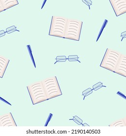 Glasses book and pen, seamless pattern, vector illustration education, office, business