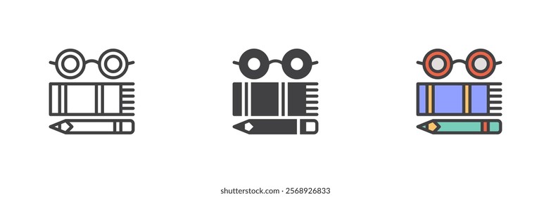 Glasses, book and pencil icon. Knowledge, education line and glyph version, outline and filled vector sign. linear and full pictogram. Symbol, logo illustration. Different style icons set