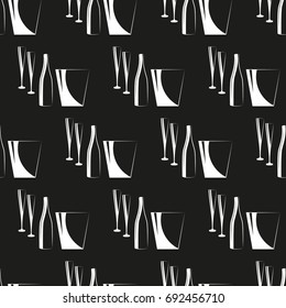 Glasses, a bottle and a bucket for ice. Seamless pattern. Vector illustration on a black background. Swatch inside. Flat design style.