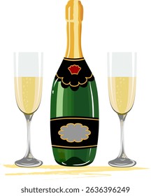 Glasses and a bottle of champagne.Vector illustration with glasses filled with champagne and bottle on transparent background.