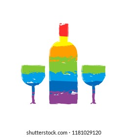 glasses and bottle. Drawing sign with LGBT style, seven colors of rainbow (red, orange, yellow, green, blue, indigo, violet