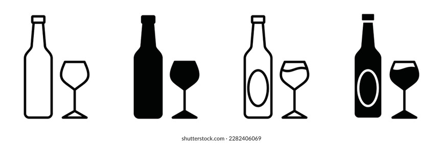 Glasses and bottle icons vector set. Wine glass bottle icon symbol in line and flat style. Alcohol Liquor, beverages, bar, beer. Vector illustration