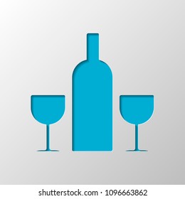 glasses and bottle. Paper design. Cutted symbol with shadow
