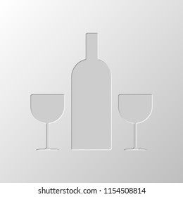 glasses and bottle. Paper design. Cutted symbol. Pitted style