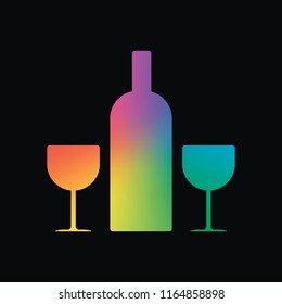 glasses and bottle. Rainbow color and dark background