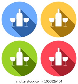 glasses and bottle. Set of white icons with long shadow on blue, orange, green and red colored circles. Sticker style