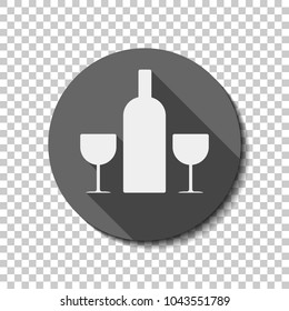 glasses and bottle. White flat icon with long shadow in circle on transparent background