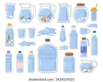 Glasses and bottles, containers and jugs, cups and puddles of water. Vector flat cartoon, isolated liquids and aqua for drinking. Purified products for consumption, lemonade or detox beverage