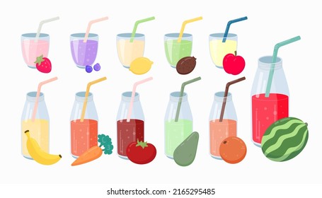 Glasses and bottles with fruit drinks vector illustrations set. Fresh banana, tomato, carrot, apple smoothie or juice in cups isolated on white background. Summer, beverage, diet, detox concept