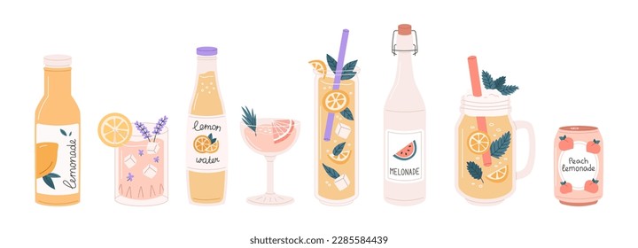 Glasses and bottles with lemonades. Cocktails drinks set. Refreshing cocktails in glasses, bottles, can. Vector illustration of summer drinks with ice and fruits - lemon, grape, peach, watermelon.