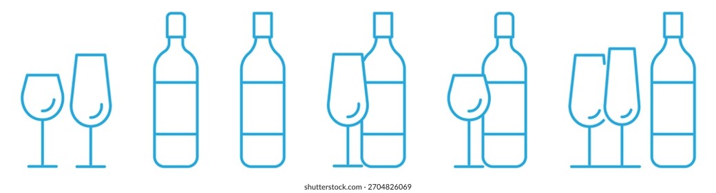 Glasses and bottles linear icons set isolated on transparent background. Minimal editable-stroke symbols ideal for drink menus, bar design, restaurant branding, and beverage illustrations