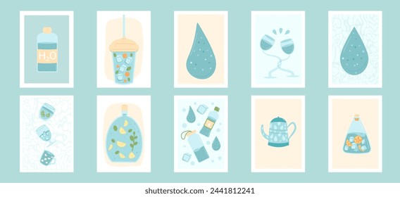 Glasses, bottles, waterdrop. Drink more water card set. Soft sparkling beverages banner collection. Stay hydrated. Plastic free. Vector flat illustration.