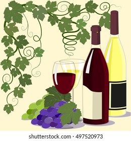 Glasses, bottles of wine and grapes