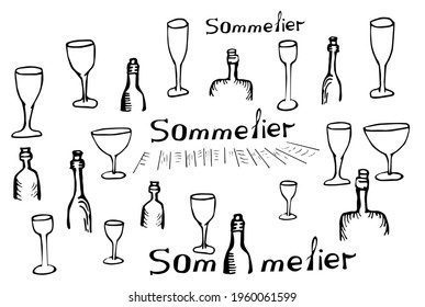 Glasses and bottles with the words "sommelier". Graphics and black lines