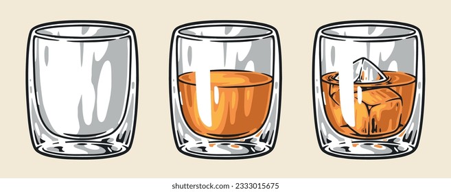 Glasses of brandy colorful set emblem with strong alcoholic drink with ice near empty glass vector illustration