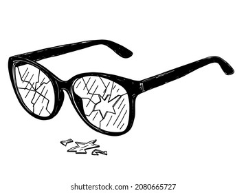 Glasses With Broken Glasses, Sketch Graphic Icon. Cracked Glass.