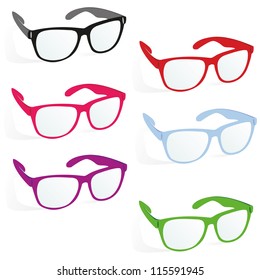 glasses in business style, set, red, black, purple, pink, blue, green color on a white background with shadow, vector