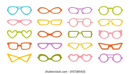 Glasses carnival party stylish color silhouette set. Masquerade costume glasses heart star cloud eye funny shaped. Fashion hawaiian woman beach sunglasses. Hand drawn Isolated vector illustration