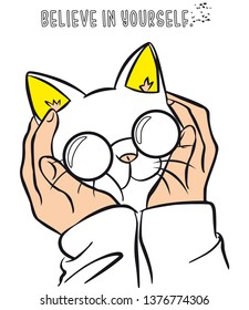 glasses cat slogan design hand drawing
