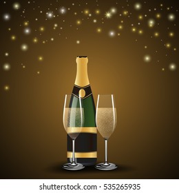 Glasses of champagne and bottle on abstract background, vector illustration