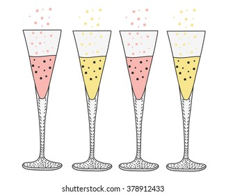 glasses with champagne and bubblespainted in the style manual. pink and yellow champagne